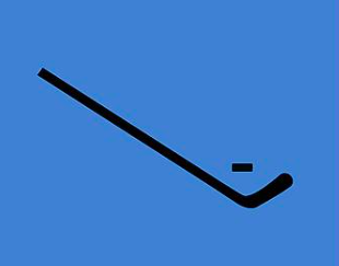 A hockey stick and puck are shown with a blue background.