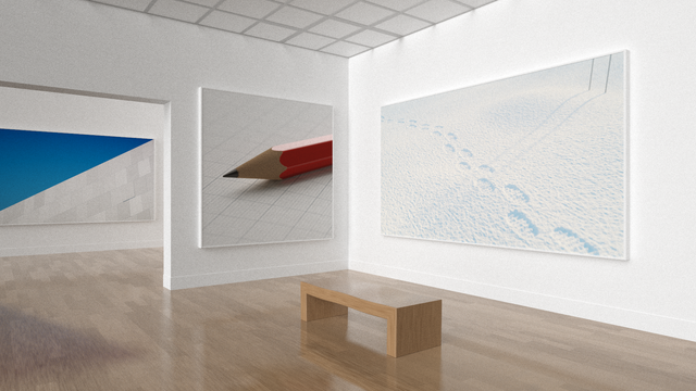 A render of an art gallery, with three of my prior artworks hung upon the walls. That's three prior 4KB artworks, and a new gallery scene, all crammed into a single 4KB budget.