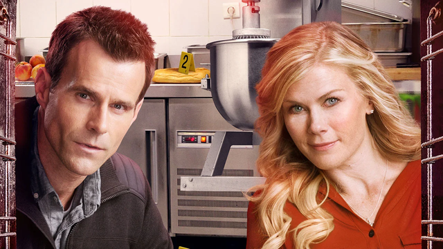 Cameron Mathison and Alison Sweeney in a new Hannah Swensen Mystery for Hallmark Movies & Mysteries channel.