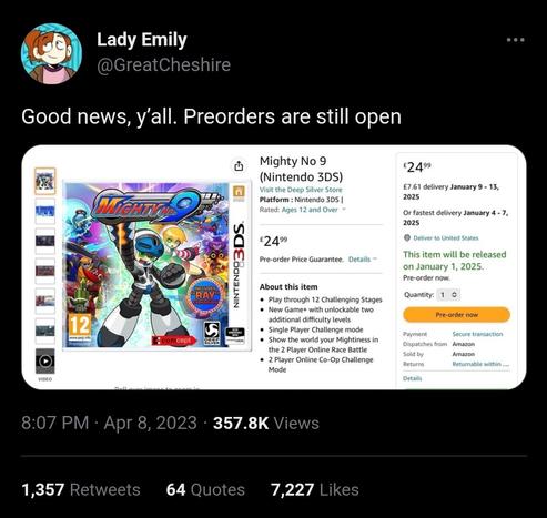 Tweet screenshot about Mighty No.9 for 3DS pre-orders, expected in January 2025.