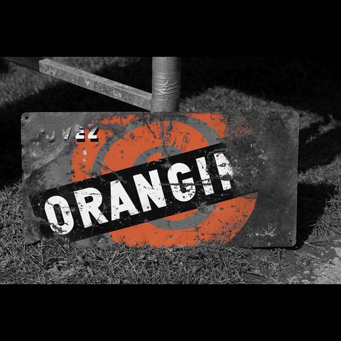A "colourpop" image of an old orangina poster. The image is mono except for the orange areas