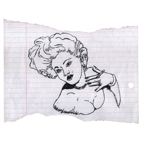 Pen drawing of a 1940s woman smoking a joint drawn on a torn notebook page.