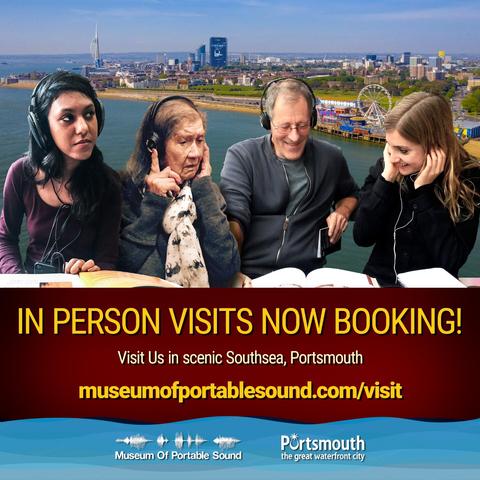 Four people of various ages wear headphones while visiting the Museum of Portable Sound. They are superimposed over a background image of the shoreline of Southsea, Portsmouth, where the museum is based.
