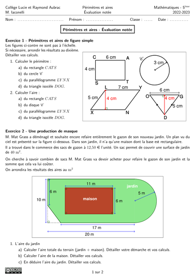 Première page de l'évaluation.
Calcul de périmètre et d'aire.
Un exercice porte sur le calcul d'aire d'un jardin avec un demi-cercle.