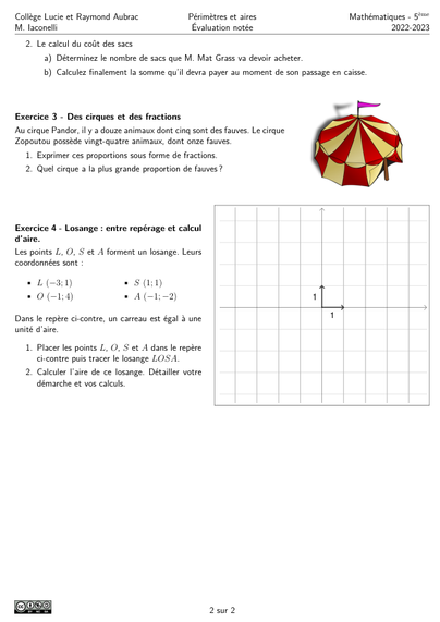 Deuxième page de l'évaluation.
On y voit un exercice sur les fractions et un exercice de repérage où il faut ensuite calculer l'aire d'un losange.