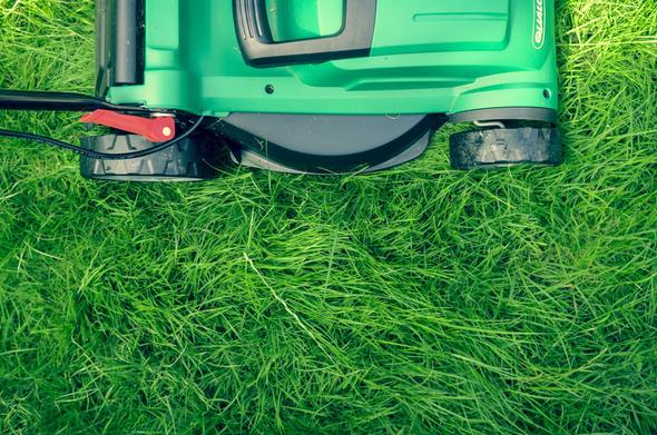 Unsplash.com photo stock by Daniel Watson of a lawnmower atop long, unruly grass. Only the lower half portion of the lawnmower is shown at the top of the photo with tall green grass filling the remainder of the photographic frame; the other half of the lawnmower is out of the photographic frame (i.e., off-camera).