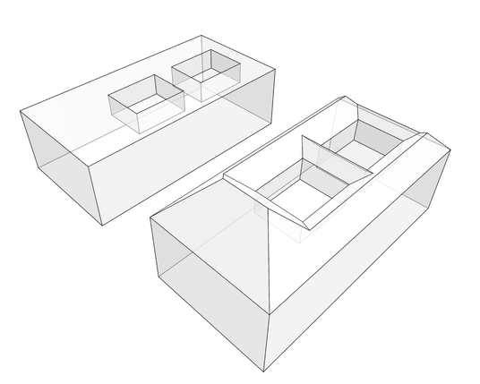 A building prism with two holes and the same building with pitched roofs