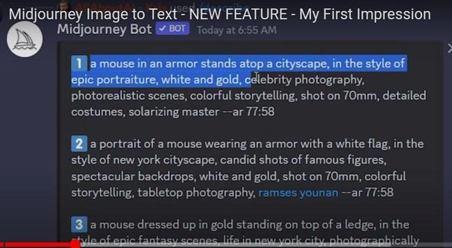 A screenshot of a Midjourney image-to-text output giving 3 possible variations of a description of a picture of a mouse in golden armor standing atop a cityscape.