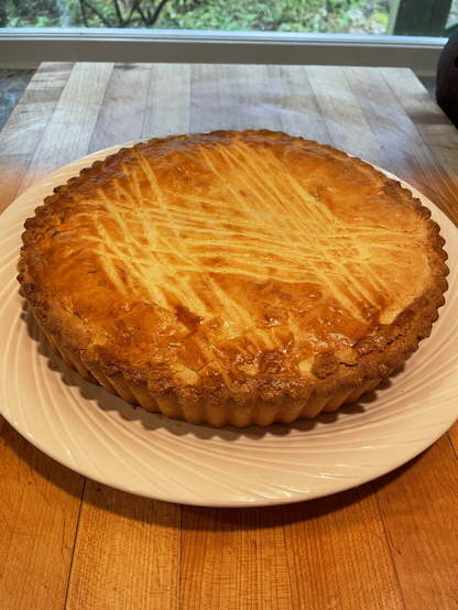Gateau Basque, a cake with an almond crust filled with cherries and pastry cream