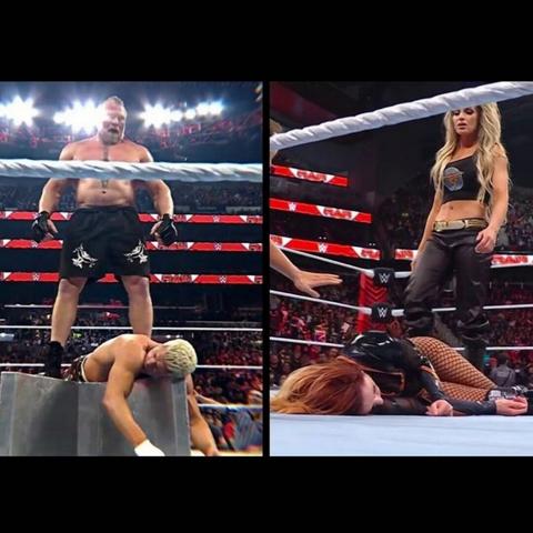 Left image shows Brock Lesnar turned heel on tag partner Cody Rhodes.
The right image shows Trish Stratus also turned heel on tag partner Becky Lynch.
The juxtaposition of both images shows how WWE Raw just recycles their main event storylines.