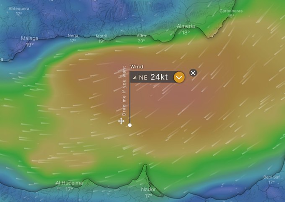 Karte des Alboran Meers mit den stürmischen Wetterbedingungen am 5.4. mit 24 Knoten Wind.
