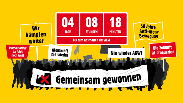 Eine stilisierte Menschenmenge hält ein Transpi mit der Aufschrift: "Gemeinsam gewonnen". Neben dem Text ist ein durchgestrichenes AKW. Die Menschen halten Plakate mit Demosprüchen: "Nie wieder AKW" oder "Atomausstieg da fehlt noch was". Über den Menschen ein Countdown auf dem steht: „4 Tage, 8 Stunden und 18 Minuten bis zum Atomausstieg.“