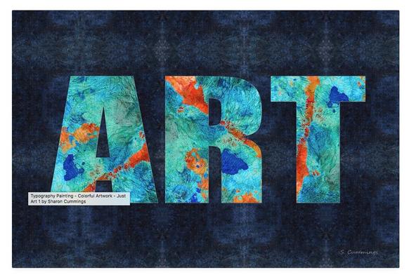 Collage forming the word ART in blues and oranges by artist Sharon Cummings.