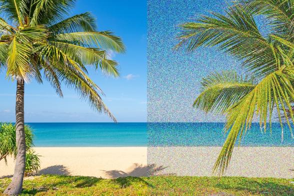 These both look "snowy" to me but I can tell the beach and palm tree to the left look clearer and the beach and palm tree to the right simulates what I see all the time which I described as rainbow TV static pixels everywhere.