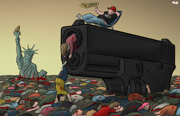 The leader of the NRA is sitting on his deck chair waving his FREEDOM flag on top of a gigantic small arms, kicking off another two bodies into a sea of dead persons that has come up to the middle of the statue of liberty.