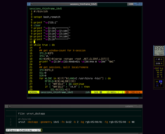 screenshot with fast hacked-together dockapps, small codesnipped and calling commandline