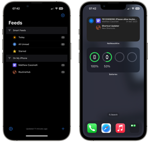 An pair of screenshots showing an RSS feed app and a widget displaying new items.