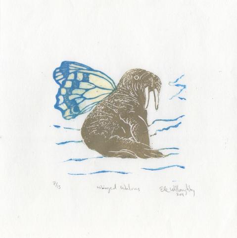 A tiny square linocut print on white paper showing a 3/4 view of a brown seated walrus with yellow and blue butterfly wings on an ice flow outlined in blue