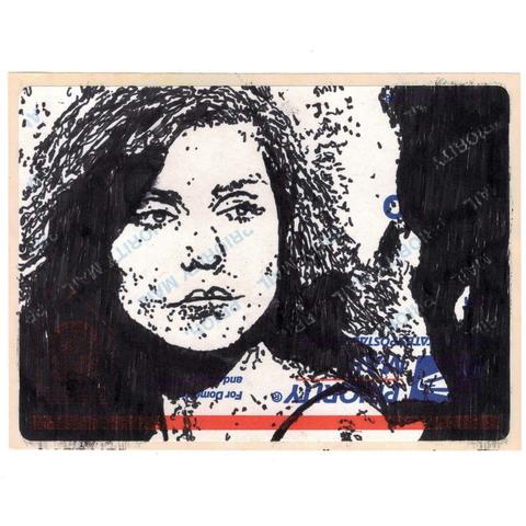 Pen drawing of Debbie Harry as Nicki Brand drawn on a postal sticker.