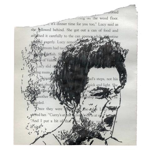 Pen drawing of Robert De Niro screaming drawn on a torn book page.