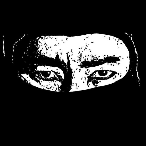 Pen drawing of a man in a ninja mask drawn on a black background.