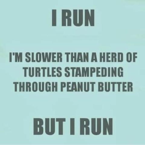 I RUN 
I'M SLOWER THAN A HERD OF TURTLES STAMPEDING THROUGH PEANUT BUTTER 
BUT I RUN