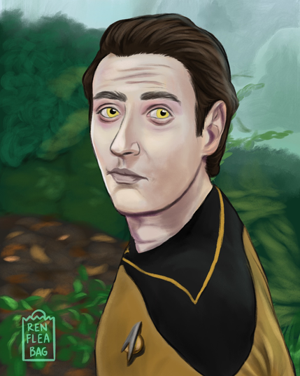 A photo of Commander Data standing in front of a green forest-y background