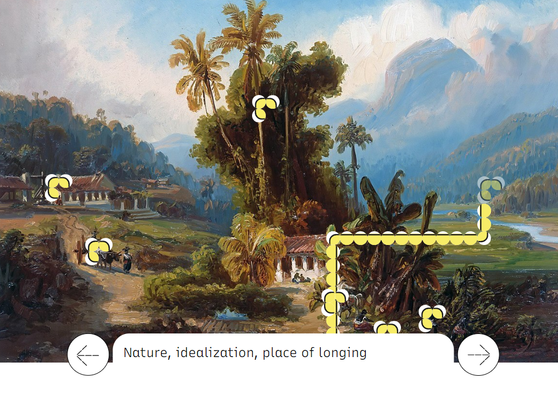 An annotated landscape painting, yellow markers highlight parts of the painting. on the painting is a blueish landscape, large trees and a farm, as well as workers. The words Nature, idealization, place of longing is marked to a river in the background.