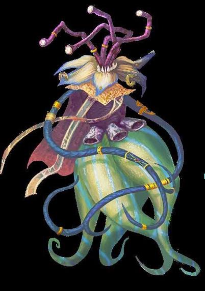 Sea slug derived alien being. 

Purple eye stocks, blue “arm” tentacles with gold bands, thicker green “leg” tentacles. Red cloak with yellow trim. 

From Orun Rpg. I think art by Júlio Cesar Oliveira Rocha, but could be from a few others.
