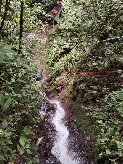 Picture from very far above at the top of a waterfall. Off in the distance, I am leaping to the bottom. Jungle is all around.