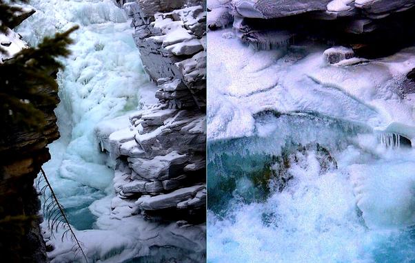 Photo collage of 2 photographs of Athabasca Falls, partially frozen, in Winter.