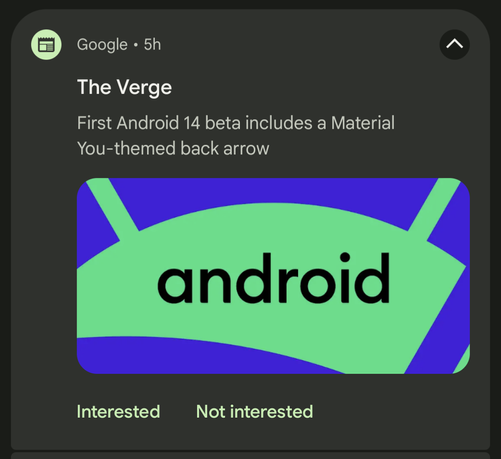 Google News feed item that says, "First Android 14 beta includes a Material You-themed back arrow"