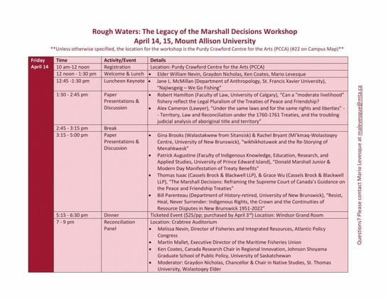 Rough Waters: The Legacy of the Marshall Decisions, a two-day workshop happening at Mount Allison itinerary.