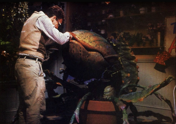 Seymour (played by Rick Moranis) feeds the plant, Audrey II, by allowing him to suck blood from a cut on his finger.