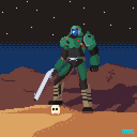 The DOOMSLAYER in a sandy landscape, his right foot is perched on a skull from an enemy and is holding a silvery shotgun in his right hand as well.