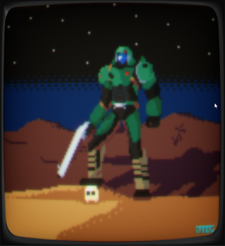 The DOOMSLAYER in a sandy landscape, his right foot is perched on a skull from an enemy and is holding a silvery shotgun in his right hand as well. This is put through a CRT filter.