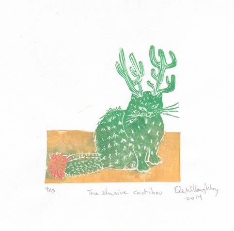 Linocut print titled “The Elusive Cactiboo” with a green cactus-like round cat creature with saguaro-like antlers and a red orange flower on the end of its tail on sand coloured earth with white sky.