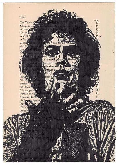 Pen drawing of Tim Curry as Frank N. Furter standing in front of a microphone drawn on a torn-out book page.