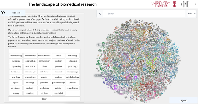 A screenshot of a page showing a T-SNE display of several points with labels relating to biomedical areas on the right side, and a narrative description on the left, and an open search bar on top.