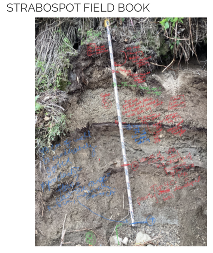 Screenshot from StraboSpot software: a picture of an outcrop with layers of tephra, annotated with hand-written details.