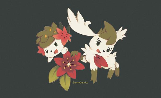 Digital art of two Shaymin holding Gracidea flower, drawn by Seavalanche