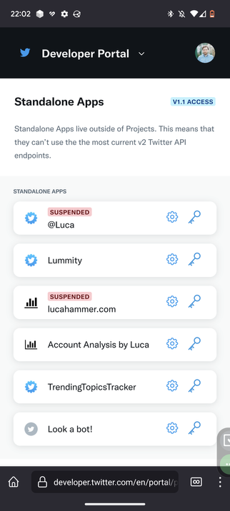Standalone Apps

V1.1 Access

Standalone Apps live outside of Projects. This means that they can’t use the the most current v2 Twitter API endpoints.

Standalone Apps

SUSPENDED

@Luca

Lummity

SUSPENDED

lucahammer.com

Account Analysis by Luca

TrendingTopicsTracker

Look a bot!