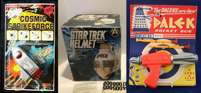 Photograph showing (left to right): a "Blake's 7 Cosmic Strikeforce" toy spaceship that never appeared on Blake's 7; a "Star Trek Helmet" toy marked "Spock" that never appeared on Star Trek and a "Dalek Rocket Gun" toy that never appeared on Doctor Who.