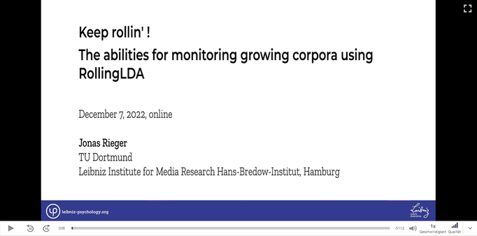 The title slide for the presentation "Keep rollin'! The abilities for monitoring growing corpora using RollingLDA"