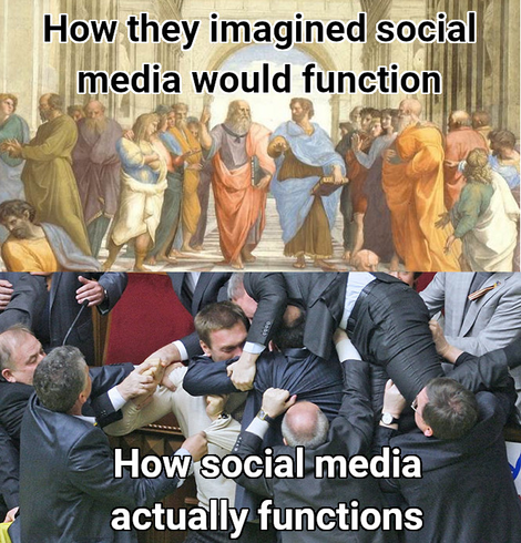 Greek philosophers debating (how they imagined social media would function) and parlimentarians fighting (how social media actually functions)