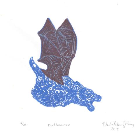 A square 8” x 8” linocut print on white washi paper entitled “Batbearoo” of an imaginary blue flying furry marsupial with a baby in its pouch. The animal appears to be swooping downward. It has purple-brown bat like wings instead of arms. It’s face is bear like and its body small and round.