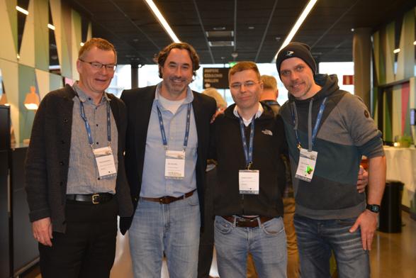 The picture shows Roland Bertelmann (Helmholtz Open Science Office), Michael Witt (Purdue University), Robert Ulrich (KIT), and Paul Vierkant (DataCite) meeting at the RDA Plenary 20 in Gothenburg.