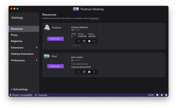 Screenshot of Podman Desktop "Settings" page showing a Podman Machine and a Kind cluster installed.