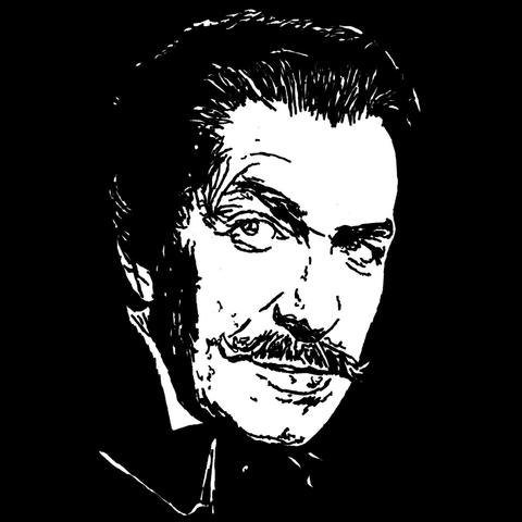 Pen drawing of Vincent Price with a collared shirt drawn on a black background.