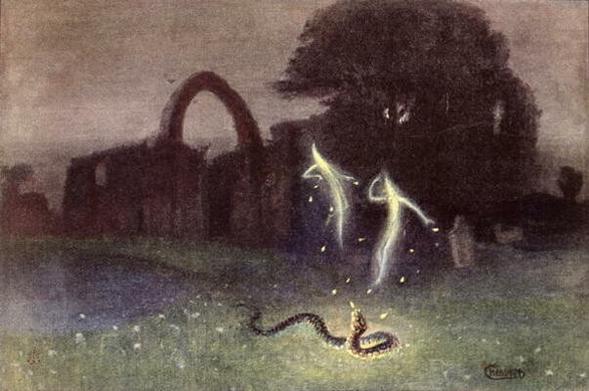 At dusk, in a green field with a small lake, a large snake is watching two will o' wisps dance in the air above it. They appear as personified white flames (flame-like heads with bodies, arms and legs). In the background is a decrepit old church and cemetery next to a large tree.